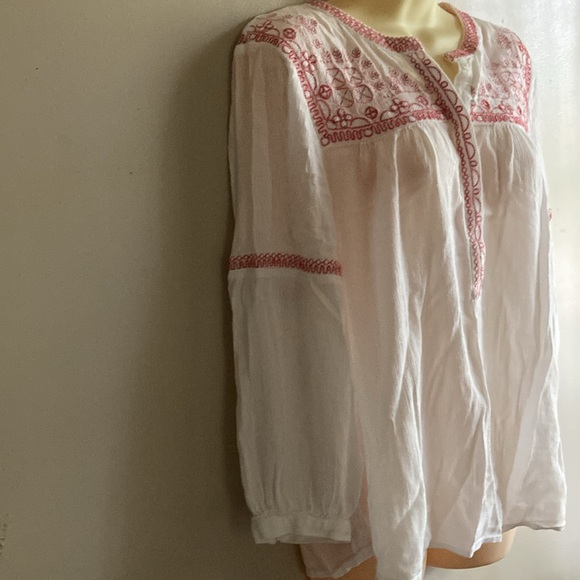 Lucky Brand Top Size Large white with red embroidery three-quarter sleeves. - Picture 2 of 5